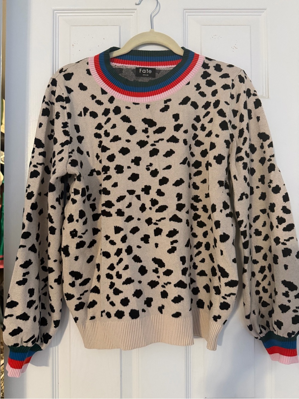 Fate Men's Cream Leopard Print Crewneck Sweater with Blue, Red and Pink Trim